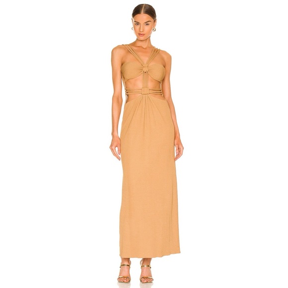 PatBO Knit Cut Out Maxi Dress in Camel Tan Beach Island Vacation Tropical Resort